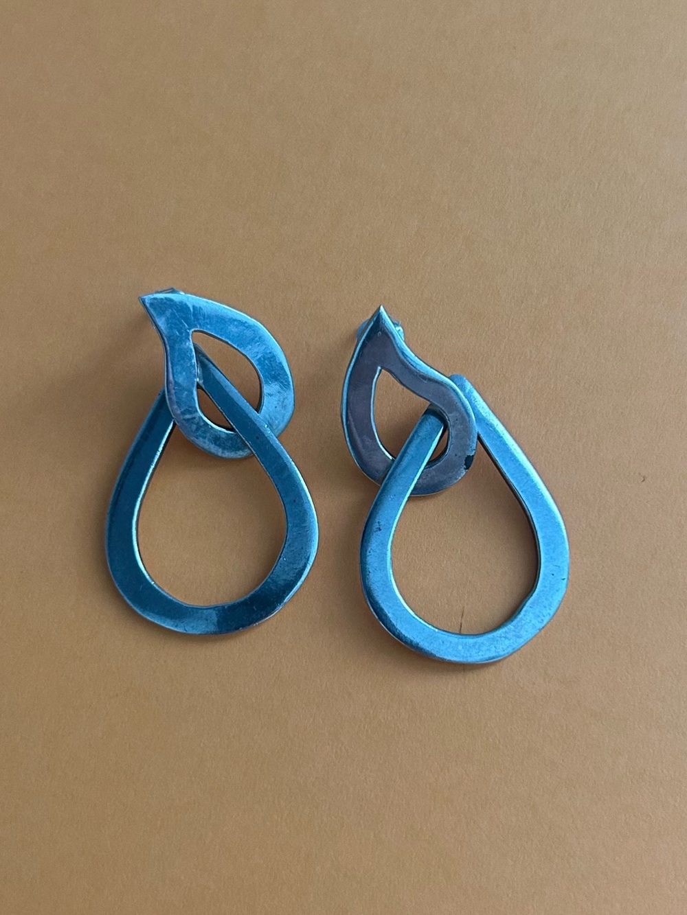 Large Sterling Silver Interlock Open Teardrop Dangle Statement Earrings Vintage - Picture 8 of 13